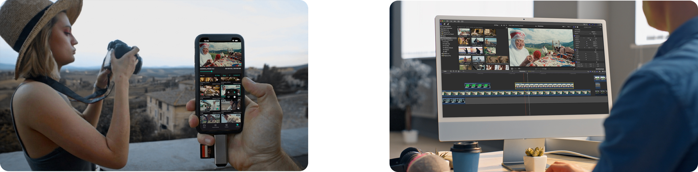 Filmmaker on-set with iPhone and editor at desktop
